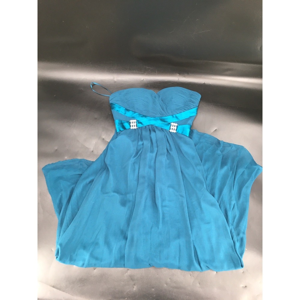 NB Bellissima Elegant Teal Evening Gown Prom Dress Cross Rhinestone Pattern Sz M - Picture 6 of 11